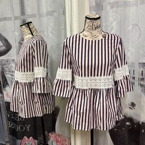 Lipslide Striped Peplum Lace-Trim Top